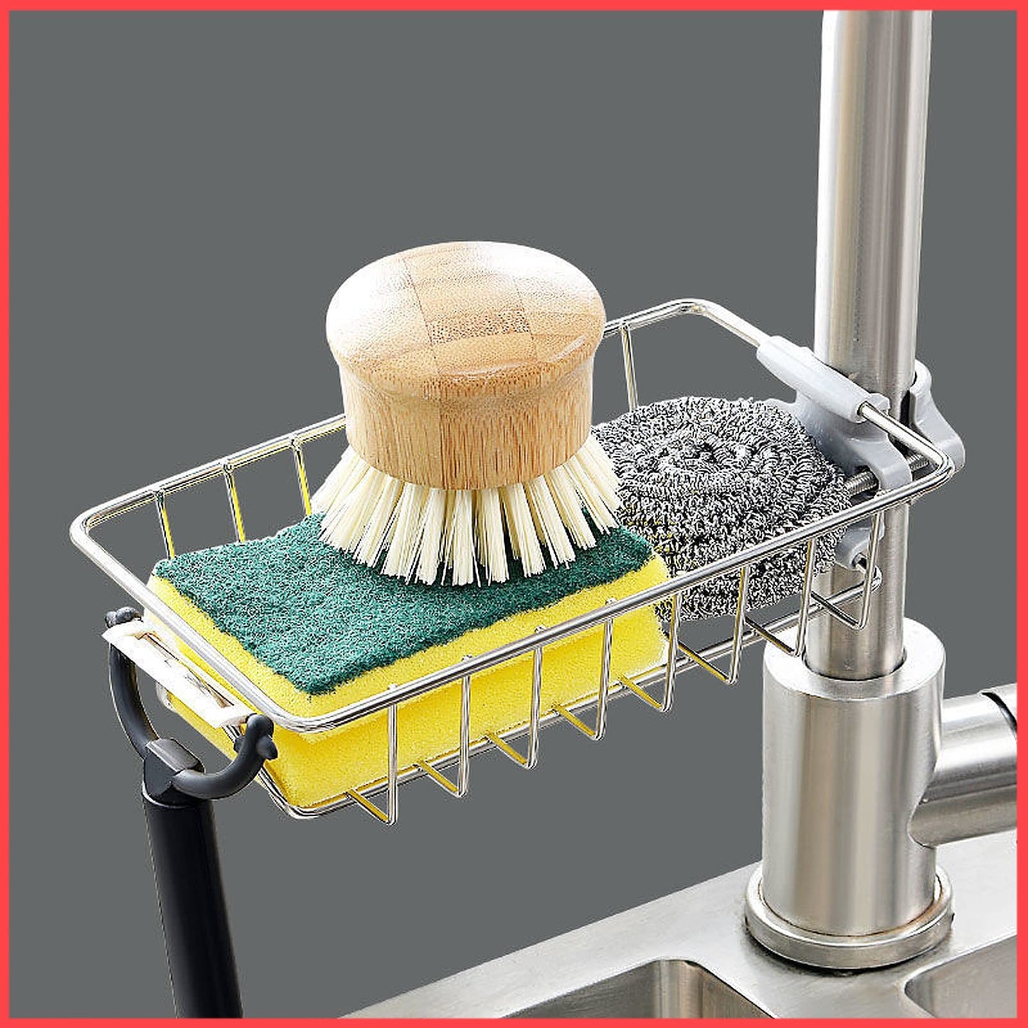 Kitchen Sink Faucet Sponge Holder Caddy Organizer Over, Stainless Steel Heavy Duty Thickening Hanging Drain Rack for scrubbers, soap, Bathroom, Detachable no Suction Cup Bathroom soap Holder