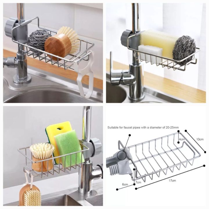 Kitchen Sink Faucet Sponge Holder Caddy Organizer Over, Stainless Steel Heavy Duty Thickening Hanging Drain Rack for scrubbers, soap, Bathroom, Detachable no Suction Cup Bathroom soap Holder