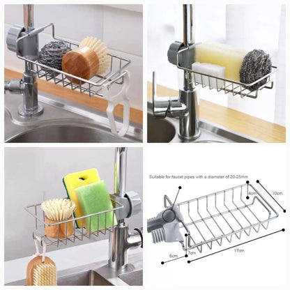 Kitchen Sink Faucet Sponge Holder Caddy Organizer Over, Stainless Steel Heavy Duty Thickening Hanging Drain Rack for scrubbers, soap, Bathroom, Detachable no Suction Cup Bathroom soap Holder