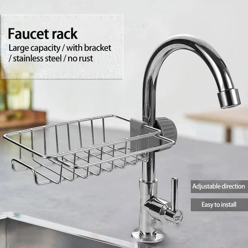 Kitchen Sink Faucet Sponge Holder Caddy Organizer Over, Stainless Steel Heavy Duty Thickening Hanging Drain Rack for scrubbers, soap, Bathroom, Detachable no Suction Cup Bathroom soap Holder