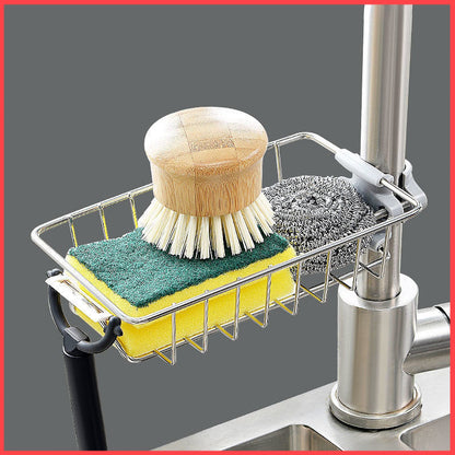 Kitchen Sink Faucet Sponge Holder Caddy Organizer Over, Stainless Steel Heavy Duty Thickening Hanging Drain Rack for scrubbers, soap, Bathroom, Detachable no Suction Cup Bathroom soap Holder