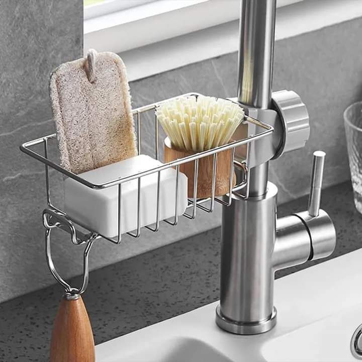 Kitchen Sink Faucet Sponge Holder Caddy Organizer Over, Stainless Steel Heavy Duty Thickening Hanging Drain Rack for scrubbers, soap, Bathroom, Detachable no Suction Cup Bathroom soap Holder