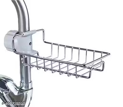 Kitchen Sink Faucet Sponge Holder Caddy Organizer Over, Stainless Steel Heavy Duty Thickening Hanging Drain Rack for scrubbers, soap, Bathroom, Detachable no Suction Cup Bathroom soap Holder