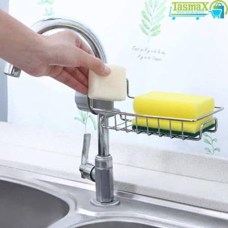 Kitchen Sink Faucet Sponge Holder Caddy Organizer Over, Stainless Steel Heavy Duty Thickening Hanging Drain Rack for scrubbers, soap, Bathroom, Detachable no Suction Cup Bathroom soap Holder